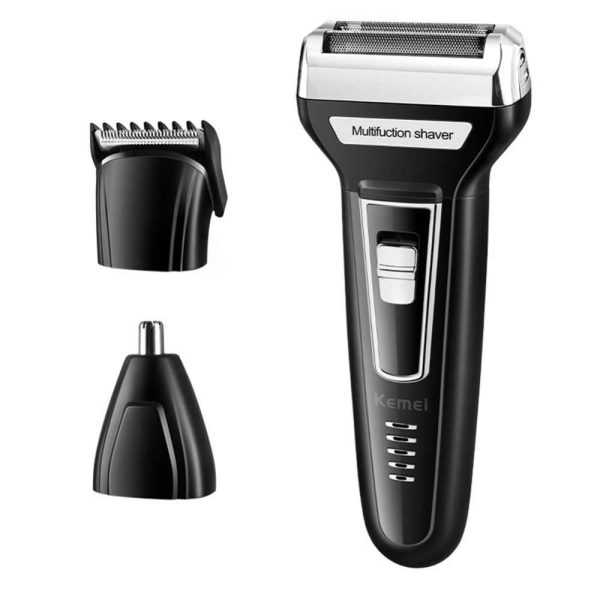 ماشین اصلاح موی صورت کیمی مدل KM-6559، اصلاح به صورت صفر زن، خط زن، دارای سه سری مخصوص برای اصلاح صورت، سر، گوش و بینی، منبع انرژی با کابل USB، تکنولوژی اصلاح به صورت برش چرخشی، مدت زمان شارژ 480 دقیقه و مدت زمان استفاده پس از شارژ 60 دقیقه