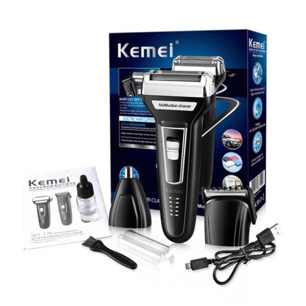 ماشین اصلاح موی صورت کیمی مدل KM-6559، اصلاح به صورت صفر زن، خط زن، دارای سه سری مخصوص برای اصلاح صورت، سر، گوش و بینی، منبع انرژی با کابل USB، تکنولوژی اصلاح به صورت برش چرخشی، مدت زمان شارژ 480 دقیقه و مدت زمان استفاده پس از شارژ 60 دقیقه
