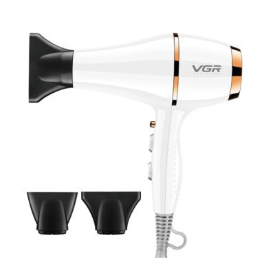 سشوار حرفهای وی جی ار مدل V-414، موتور AC با توان مصرفی 2200 وات، دارای فناوری تولید یون، دارای حلقه آویختن، با حالت صافکننده و حجمدهنده، وزن 802 گرم، تنظیم حرارت 3 حالته و کنترل سرعت 2 حالته، به همراه 3 عدد سری متمرکزکننده